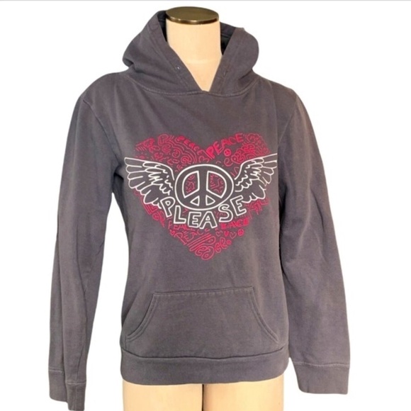 Hybrid Tees Peace Please Gray Hoodie Sweatshirt Sz M Pink White Graphic #247H - Picture 1 of 6